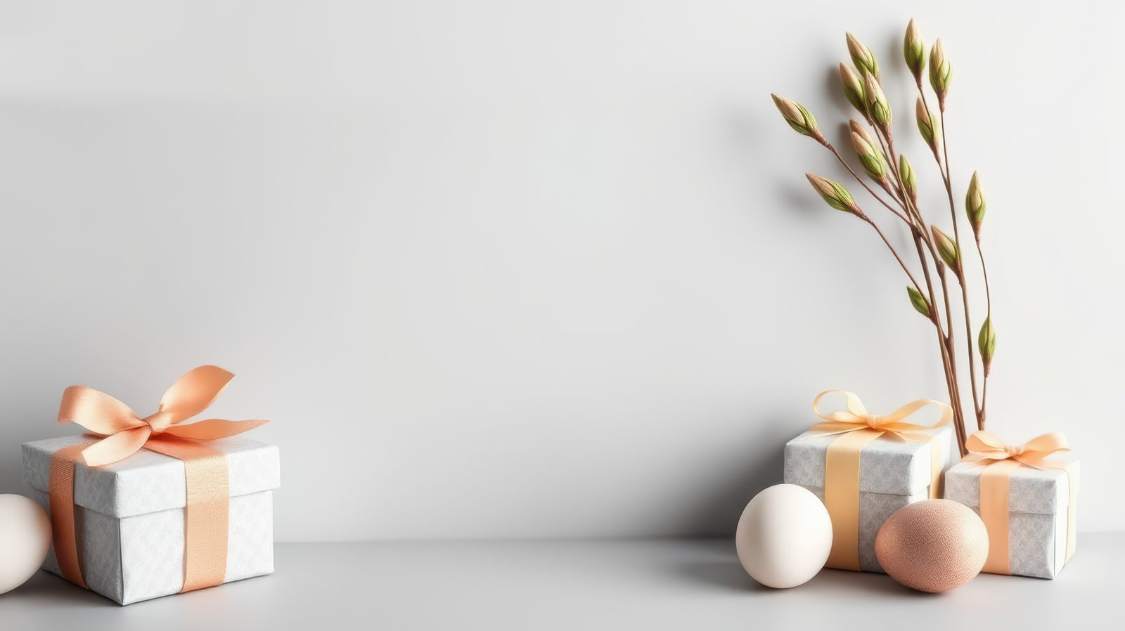 Beautifully arranged gifts and decorative elements on a minimalist surface in soft pastel colors